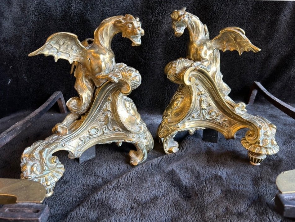 Paire De Chenets En Bronze à Décor De Dragons Aux Ailes Déployées Style Régence époque XIXéme -photo-8