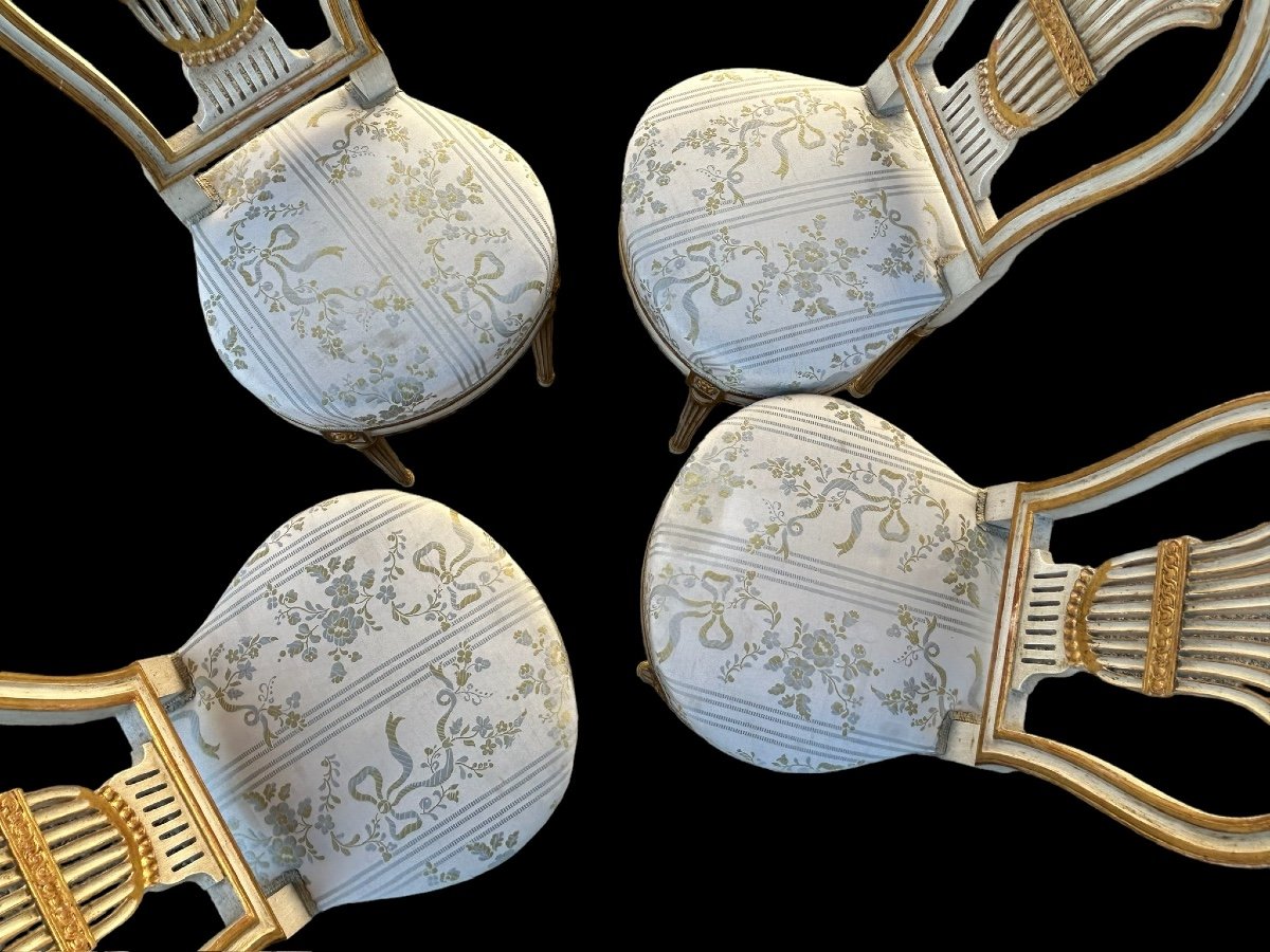 Suite De Quatre Chaises Montgolfières De Style Louis XVI - Bois Laqué Et Doré -photo-5
