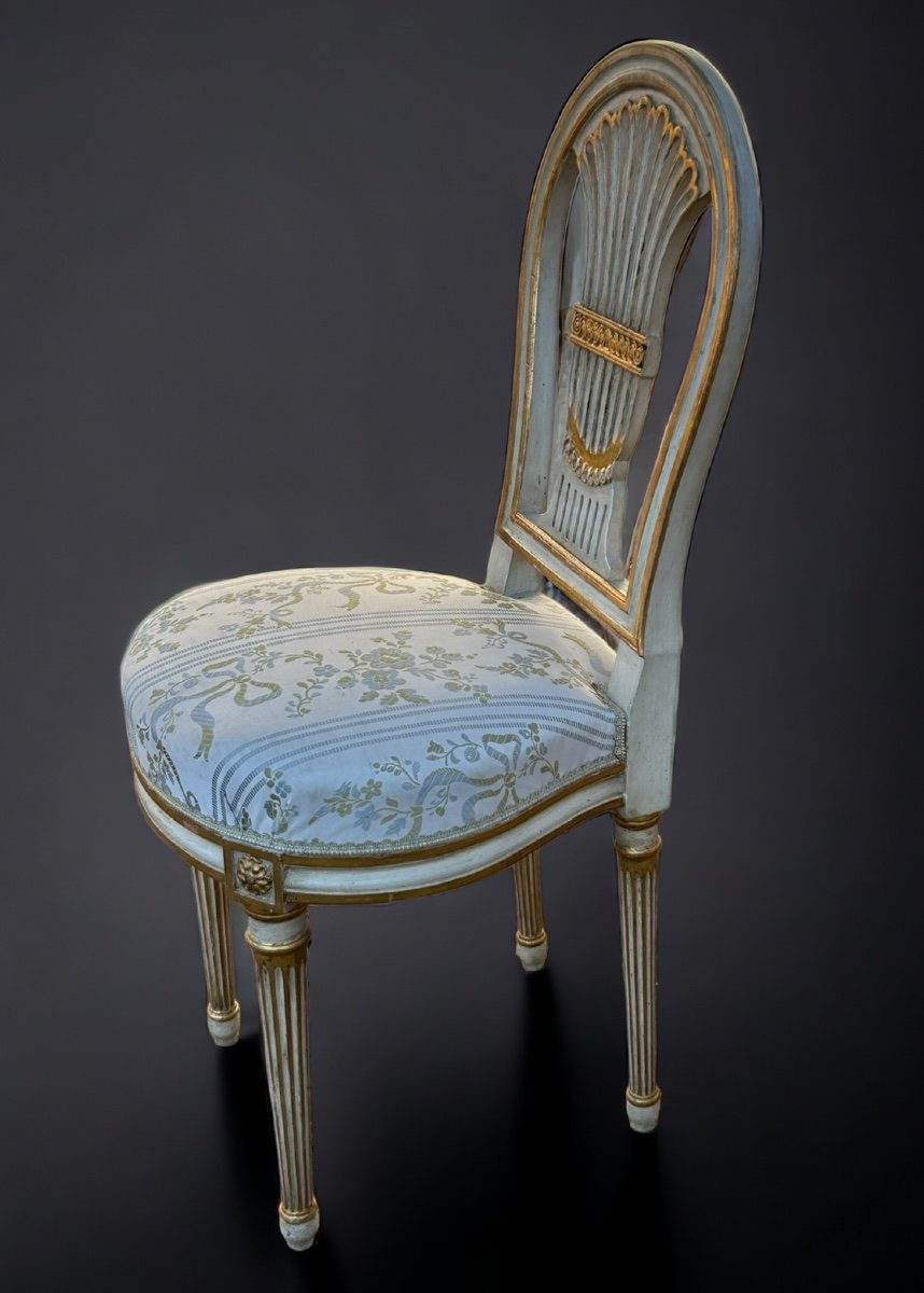 Suite De Quatre Chaises Montgolfières De Style Louis XVI - Bois Laqué Et Doré -photo-6
