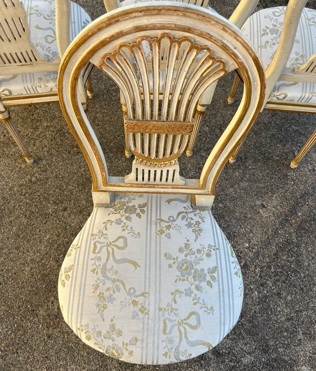 Suite De Quatre Chaises Montgolfières De Style Louis XVI - Bois Laqué Et Doré -photo-7