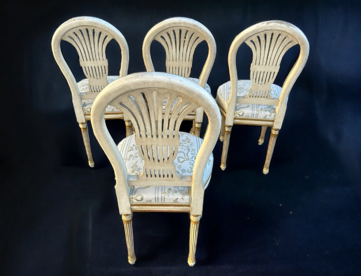 Suite De Quatre Chaises Montgolfières De Style Louis XVI - Bois Laqué Et Doré -photo-8