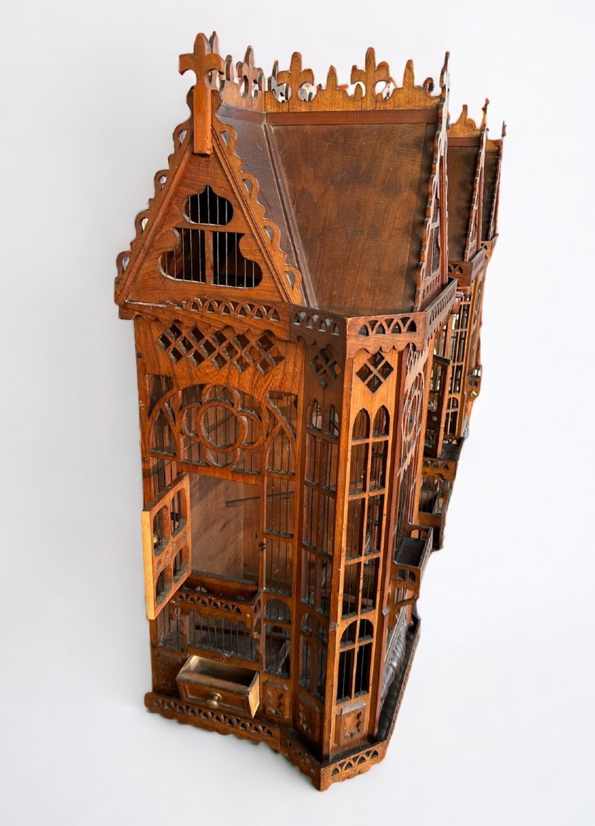 Importante Cage à Oiseaux - Volière Figurant Une Maison Début XXème L 158 cm-photo-4