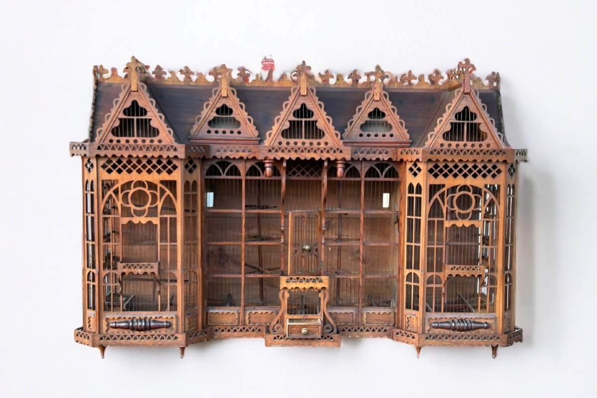 Importante Cage à Oiseaux - Volière Figurant Une Maison Début XXème L 158 cm-photo-7