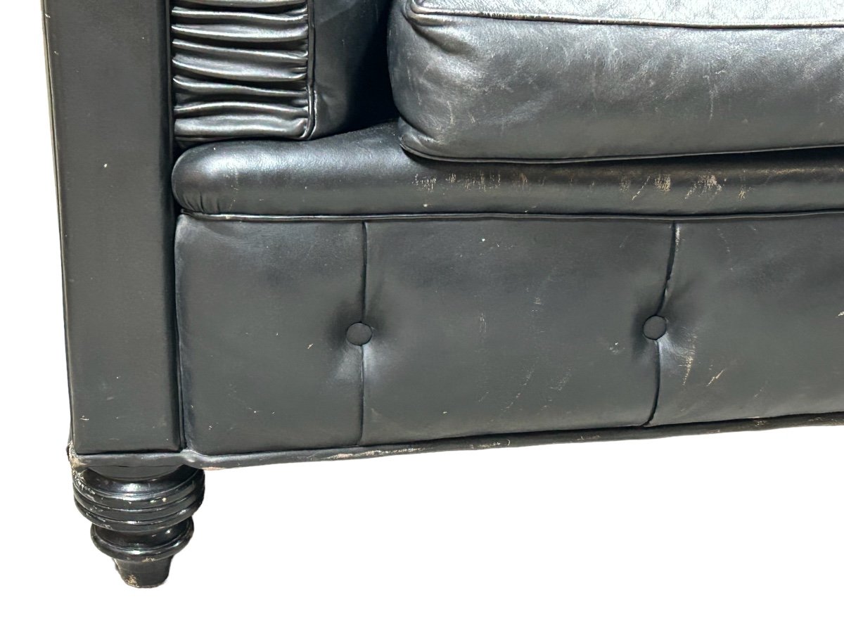 Large And Old Four-seater Leather Chesterfield Sofa Early 20th Century L 260 Cm-photo-5