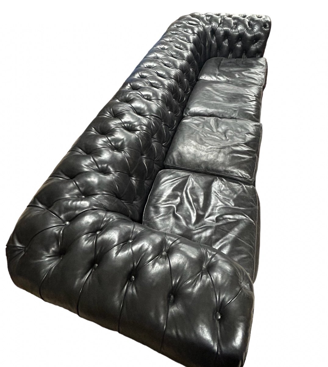 Large And Old Four-seater Leather Chesterfield Sofa Early 20th Century L 260 Cm-photo-6