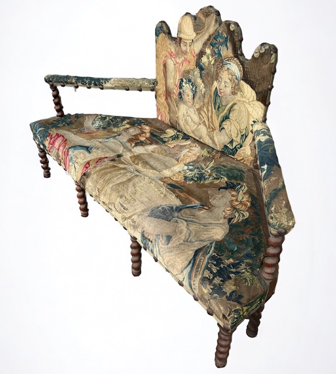 Louis XIII Style Bench - Sofa Upholstered With Late 17th Century Tapestry-photo-2