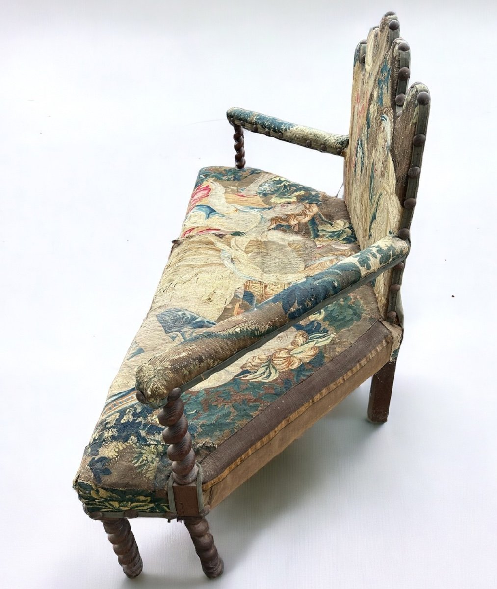 Louis XIII Style Bench - Sofa Upholstered With Late 17th Century Tapestry-photo-2