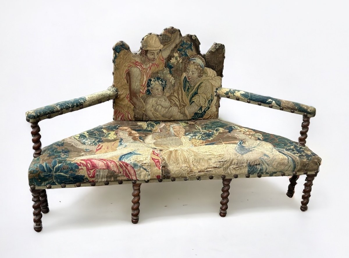 Louis XIII Style Bench - Sofa Upholstered With Late 17th Century Tapestry-photo-4