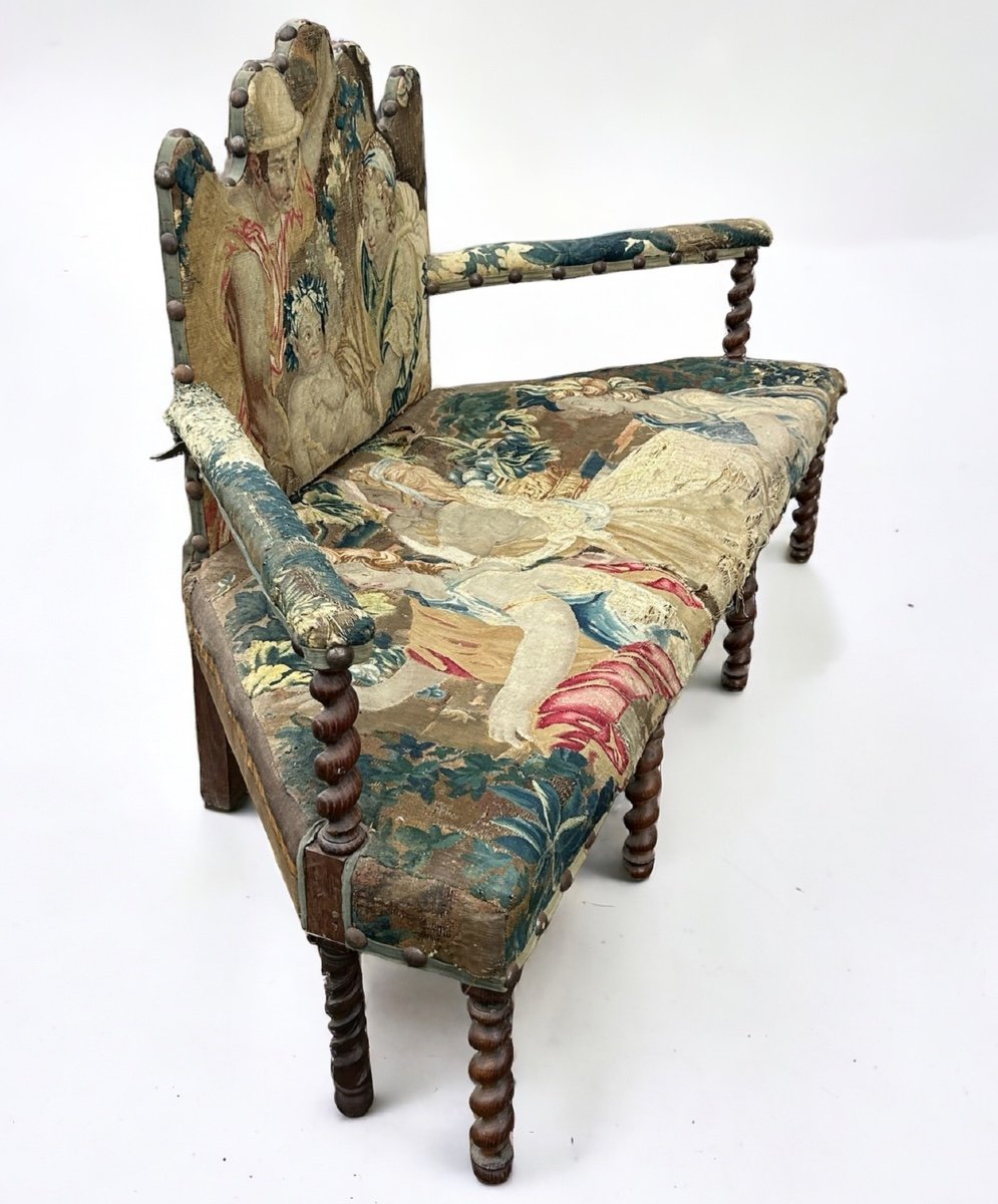 Louis XIII Style Bench - Sofa Upholstered With Late 17th Century Tapestry-photo-5