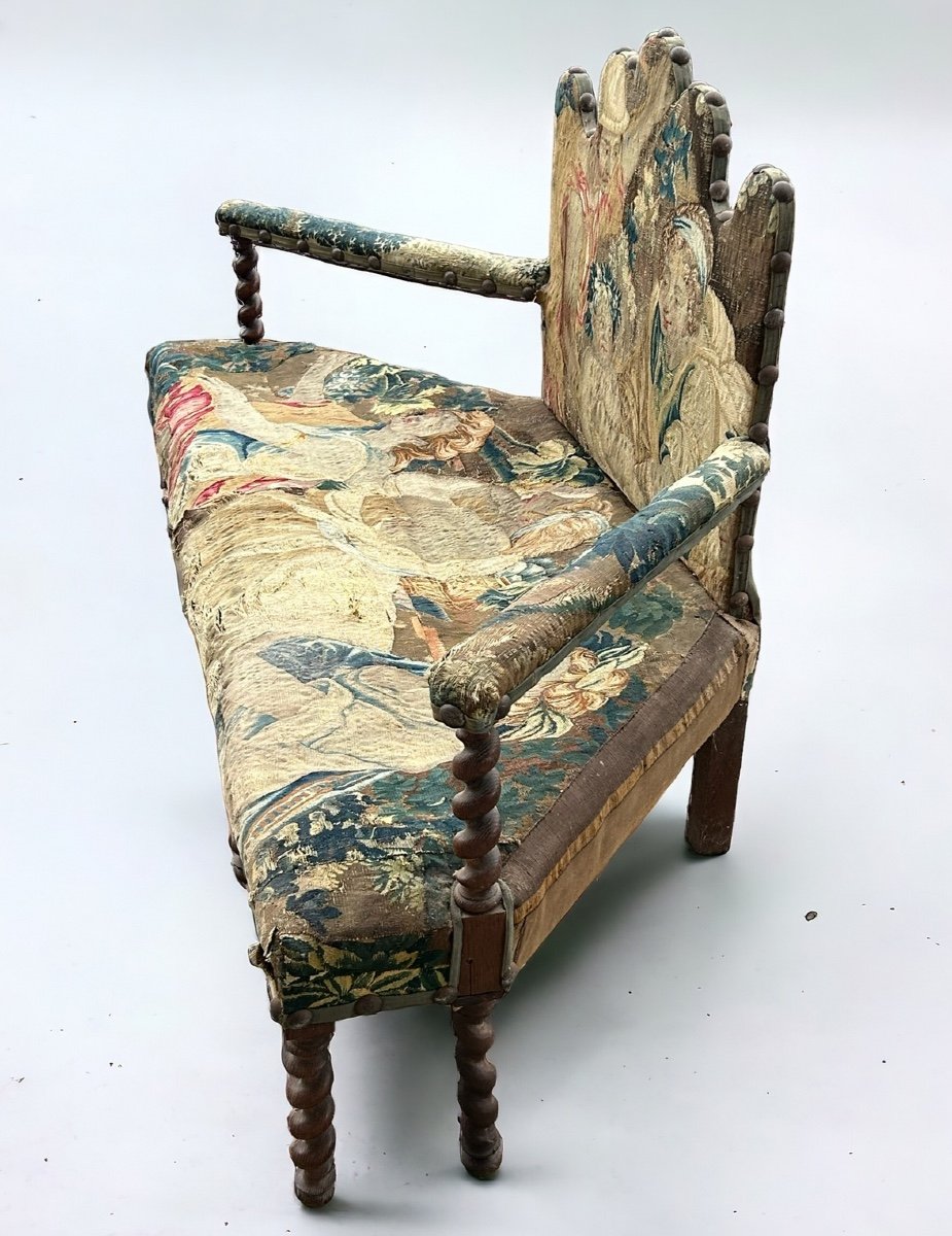 Louis XIII Style Bench - Sofa Upholstered With Late 17th Century Tapestry-photo-6