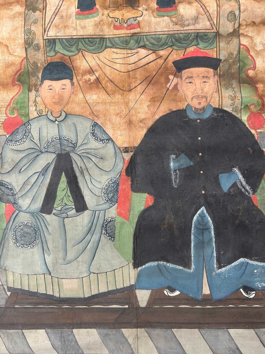 Ancien Portrait D’ancêtres Dignitaires Chinois Représentation De l'Arbre Généalogique -photo-5