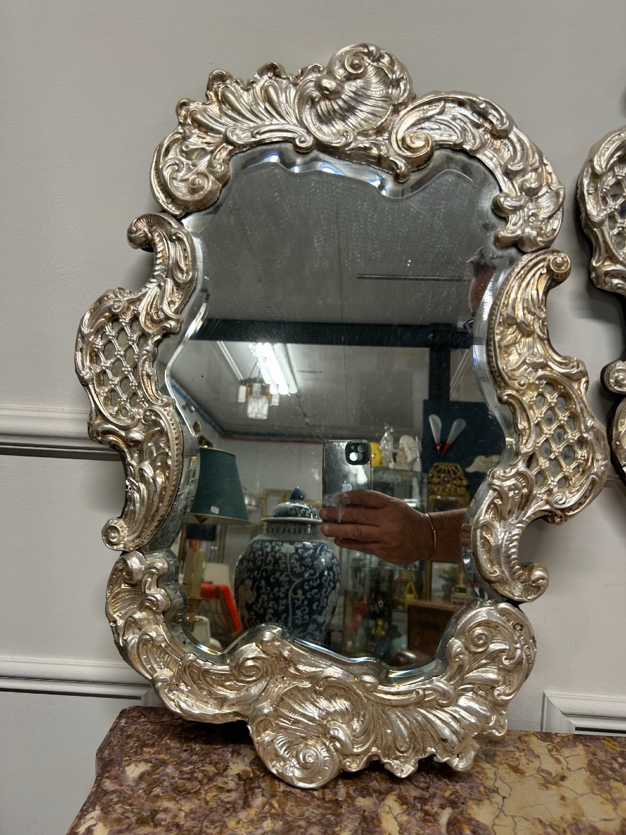 Paire De Miroirs D’époque Napoléon III En Laiton Argenté Fin XIXéme -photo-4