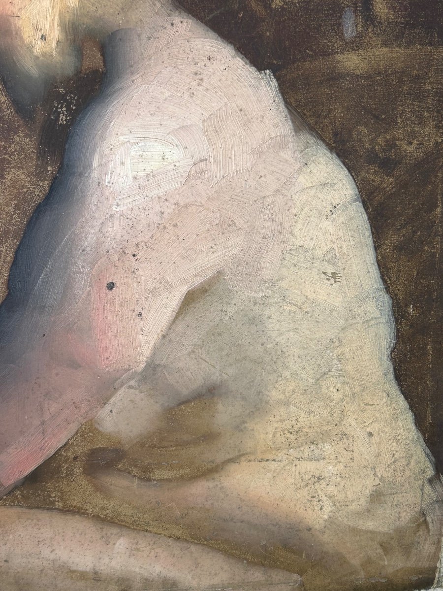 Curious Study Of Nude - Painting On Cardboard Late 19th Century -photo-4