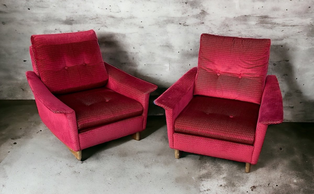 Pair Of Vintage Comfortable Armchairs In Fabrics Probably Italian From The 1950s-60s-photo-2