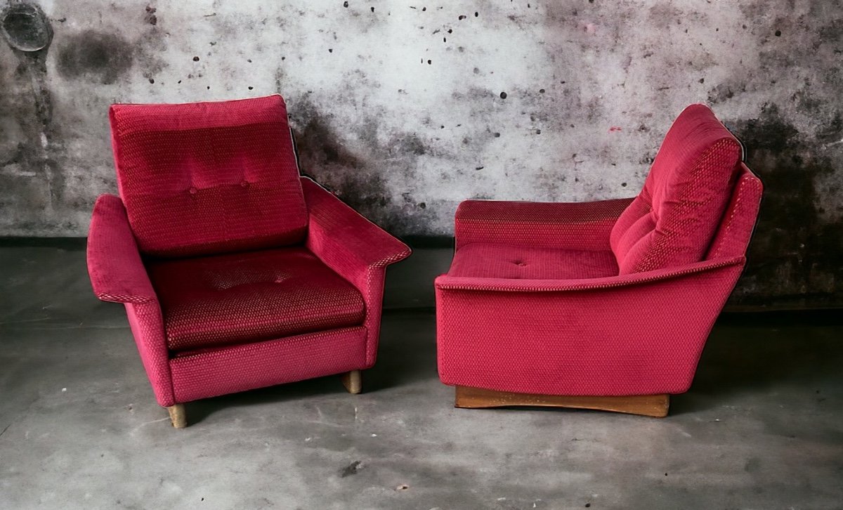 Pair Of Vintage Comfortable Armchairs In Fabrics Probably Italian From The 1950s-60s