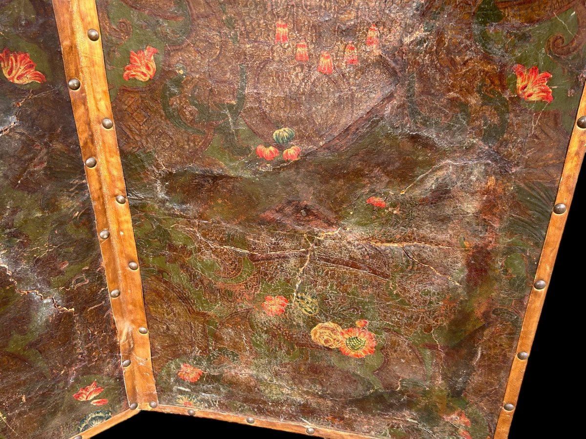 Large Four-leaf Screen In Cordoba Leather From The Late 18th Century H 188 Cm-photo-5