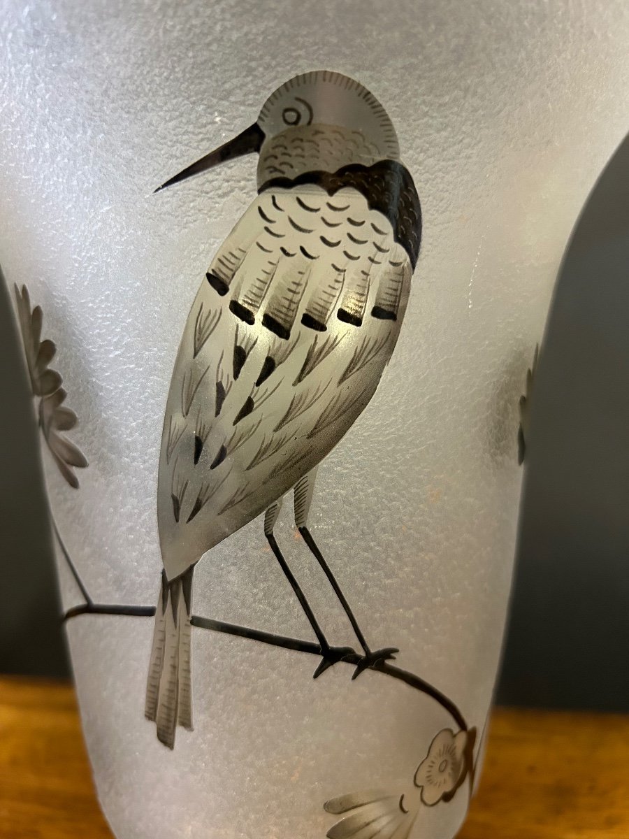 Vase Daum Nancy France - Oiseau Branché Réserve With Acid Enhanced With Black Enamel-photo-6