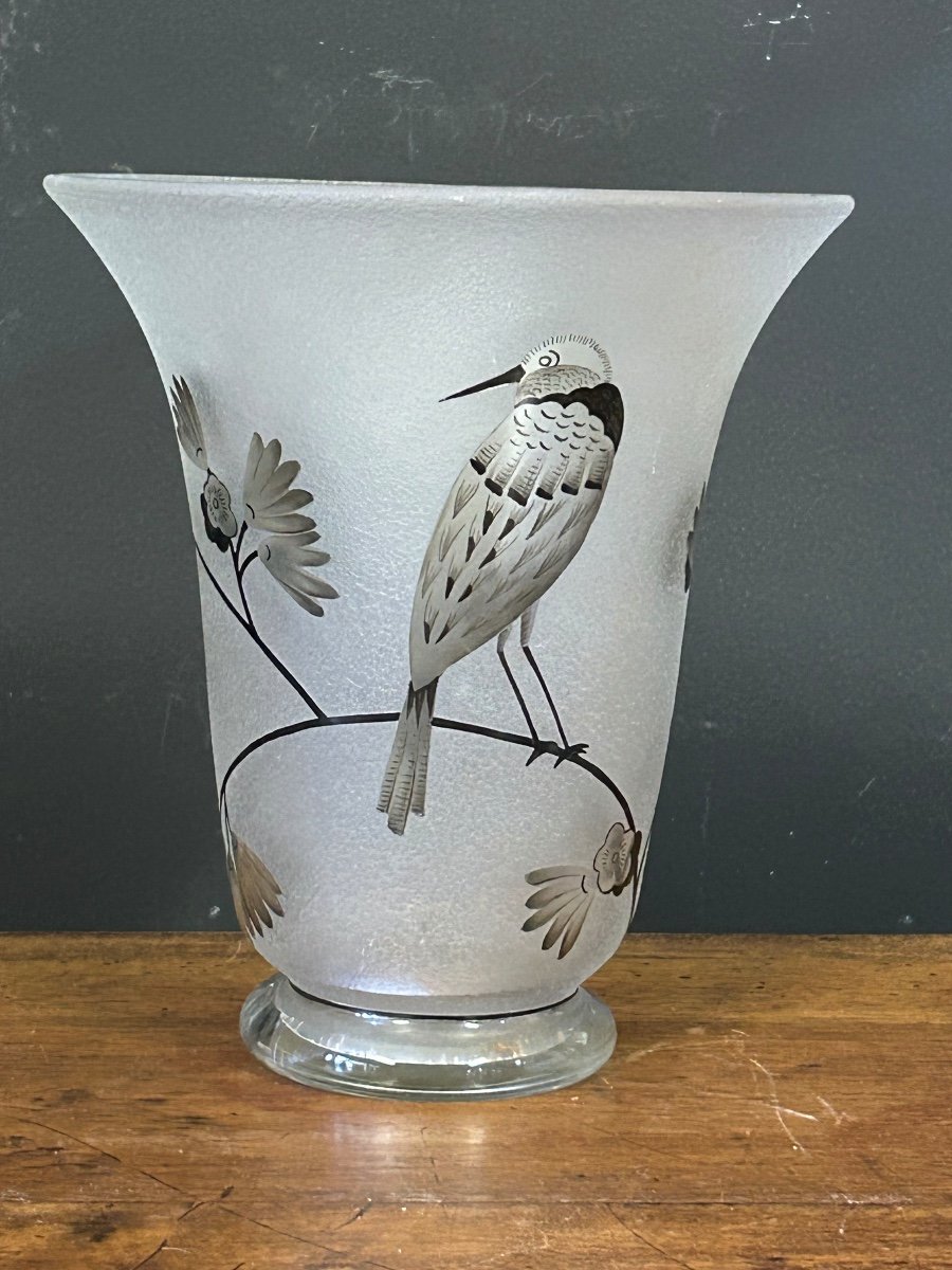 Vase Daum Nancy France - Oiseau Branché Réserve With Acid Enhanced With Black Enamel-photo-7
