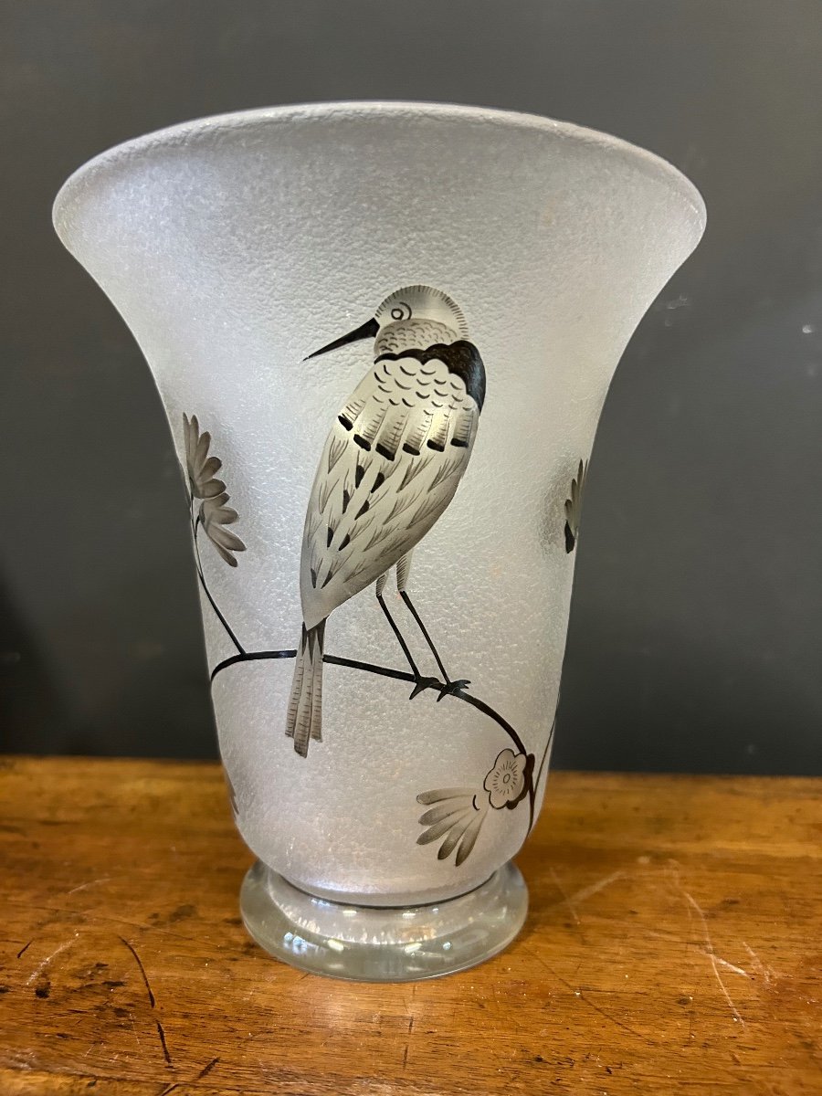 Vase Daum Nancy France - Oiseau Branché Réserve With Acid Enhanced With Black Enamel