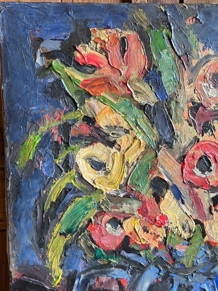 Pierre Ambrogiani (1906-1985) Huile Sur Toile - Bouquet De Fleurs Au Vase Bleu -photo-4
