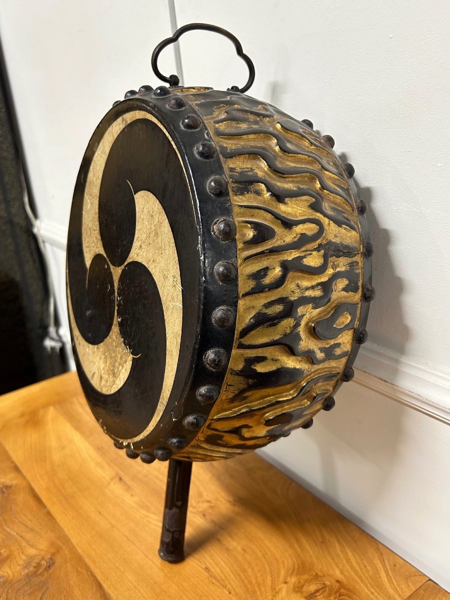 Rare And Old Drum - Tambourine - Gong - Japanese Art Meiji Period Golden Lacquer 19th Century-photo-5