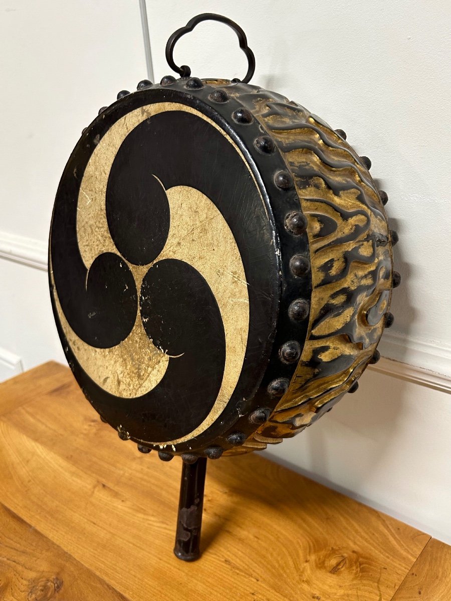 Rare And Old Drum - Tambourine - Gong - Japanese Art Meiji Period Golden Lacquer 19th Century-photo-8