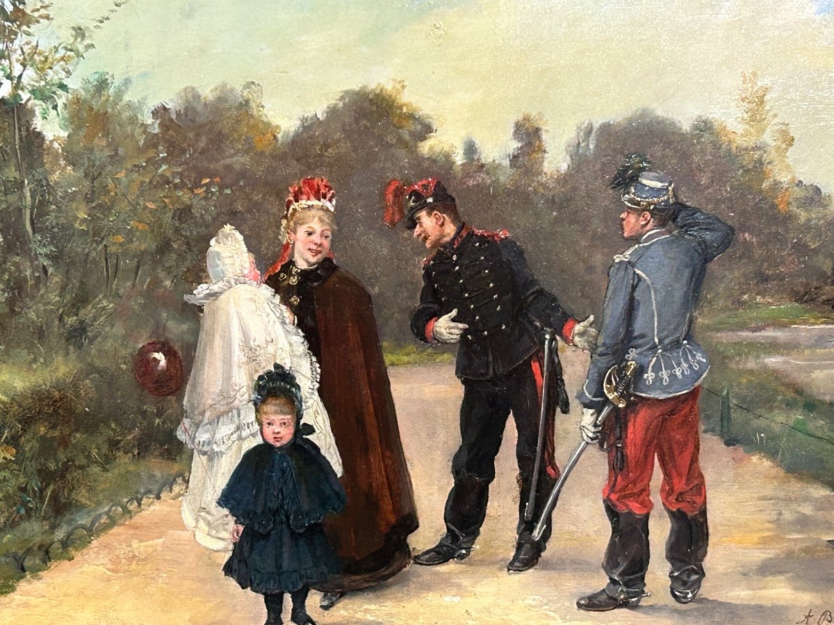 Albert Bligny (1849-1908) La Conversation Avec élégante Et Ses Enfants - Panneau D’acajou -photo-2