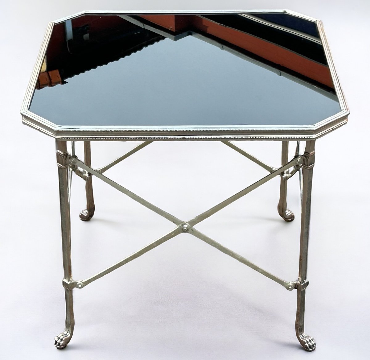  Table Bout De Canapé  En Bronze Argenté De Style Néoclassique Et Opaline Noire Vers 1970-photo-8