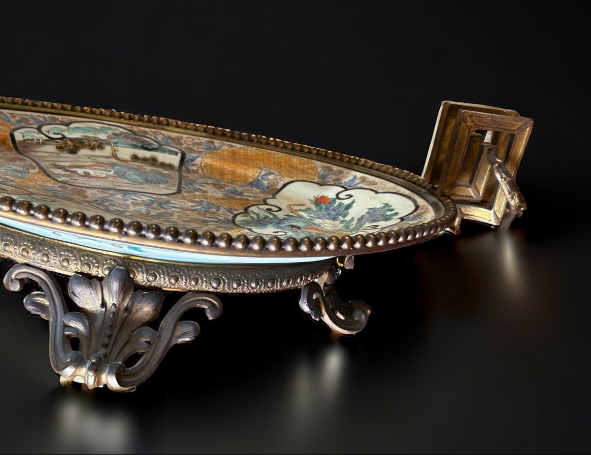 Grand Plat Japonais Montés En Bronze De Style Louis XVI  Napoléon III - Japon XIXéme L 56cm-photo-4