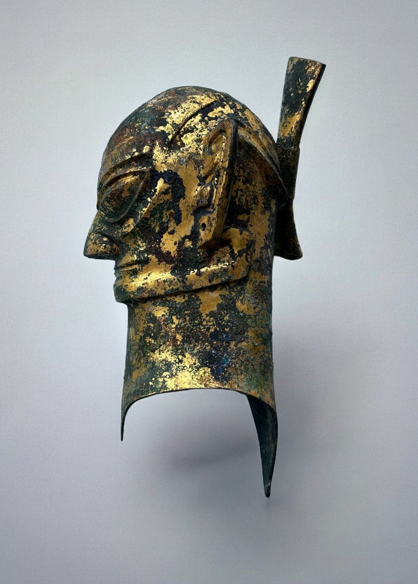 Large Gilt Bronze Head Archaic Chinese Excavation Style From Sanxingdui Height 50 Cm-photo-2