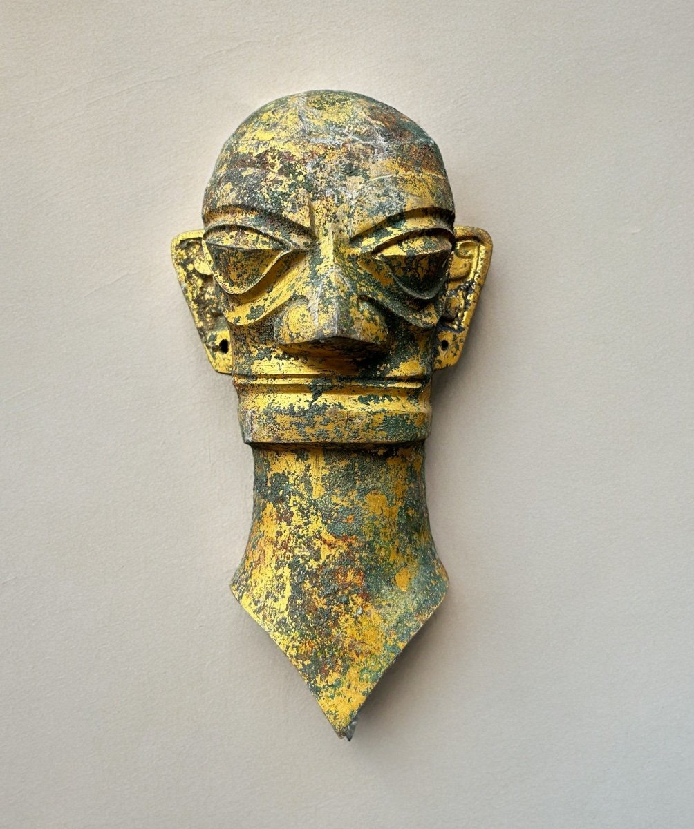 Large Gilt Bronze Head Archaic Chinese Excavation Style From Sanxingdui Height 50 Cm