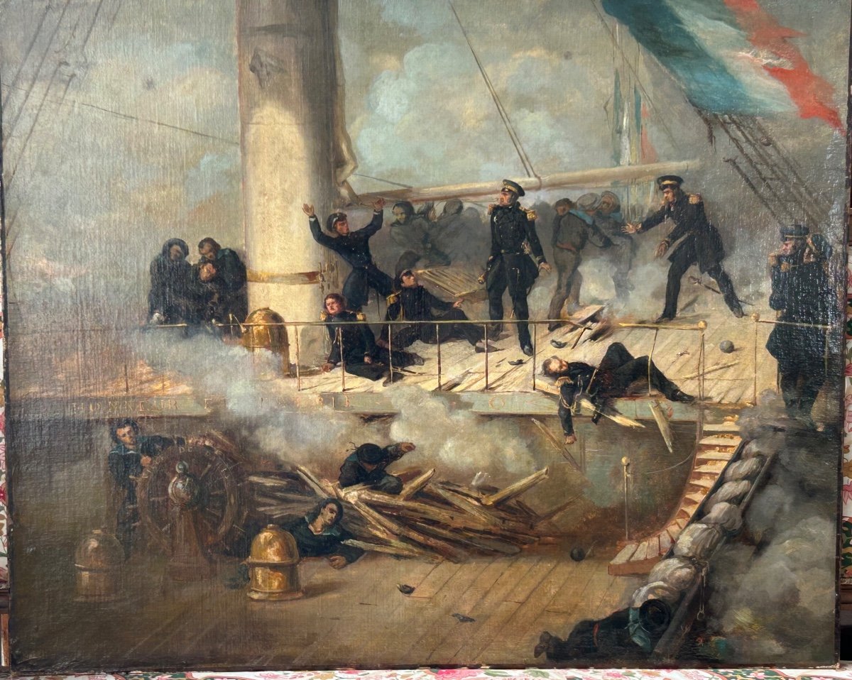 Peinture - Tableau Représentant Le Pont Du Vaisseau Ville De Paris - Marine - Huile Sur Toile 