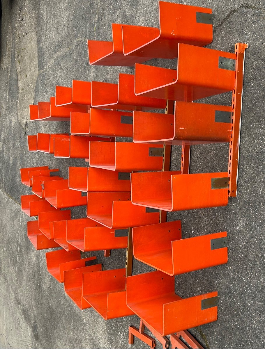 Grande étagère bibliothèque Modulable En Bois Thermoformé Orange Vers 1970 -photo-3