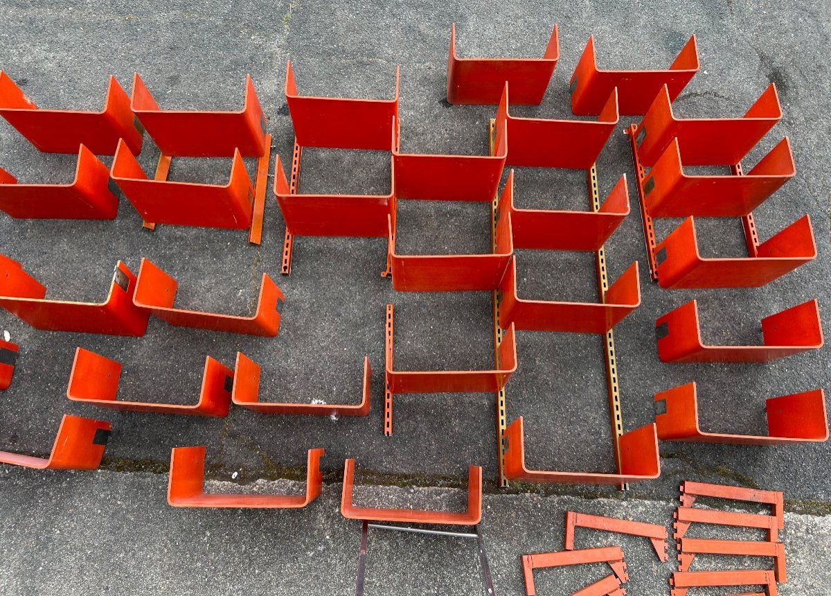 Grande étagère bibliothèque Modulable En Bois Thermoformé Orange Vers 1970 -photo-4