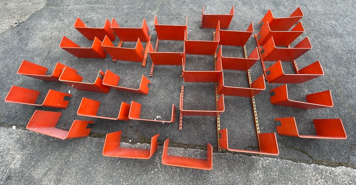 Grande étagère bibliothèque Modulable En Bois Thermoformé Orange Vers 1970 
