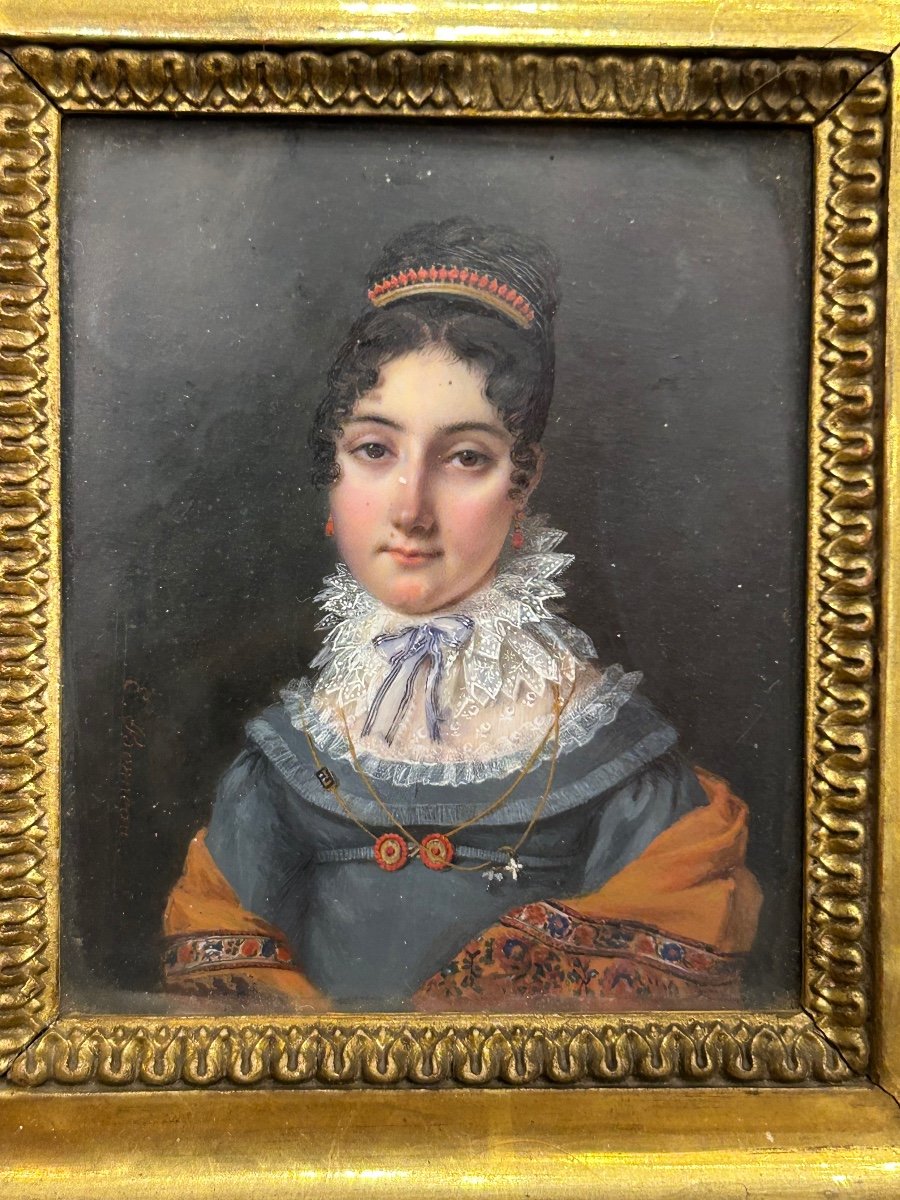 Miniature Early 19th Century Portrait Of Woman Empire Period Signed E Bonneau-photo-4