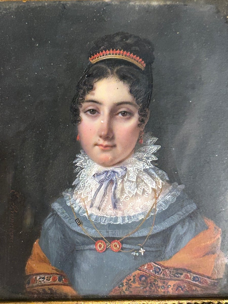 Miniature Early 19th Century Portrait Of Woman Empire Period Signed E Bonneau-photo-8