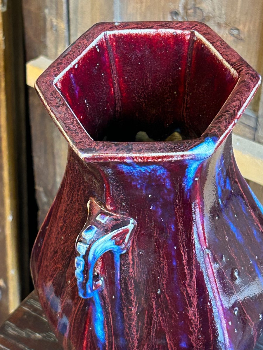 Blue And Aubergine Flamed Chinese Porcelain Vase, Elephant Head Handles, 19th Century -photo-5