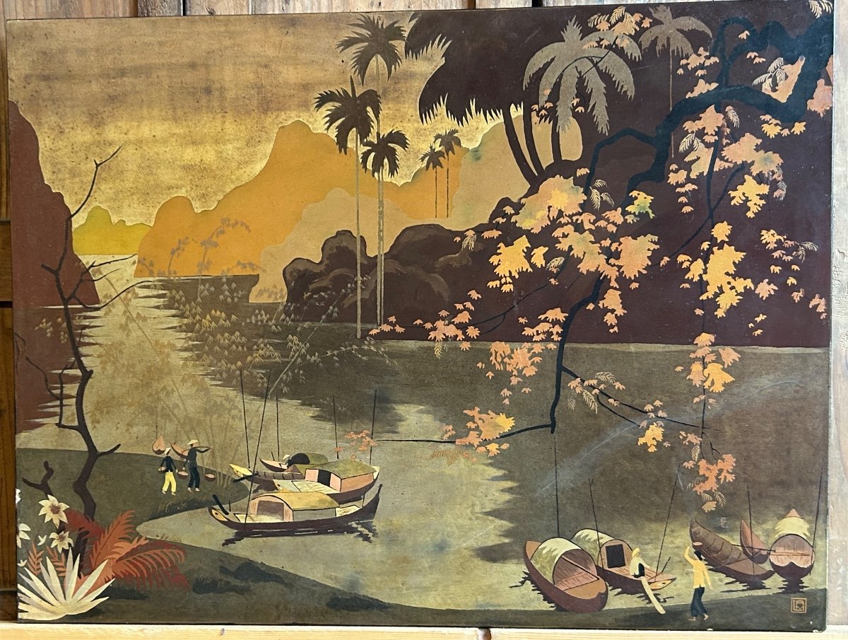 Panneau En Laque Du Vietnam Vers 1950 Signé Lam - Vietnamien -photo-4