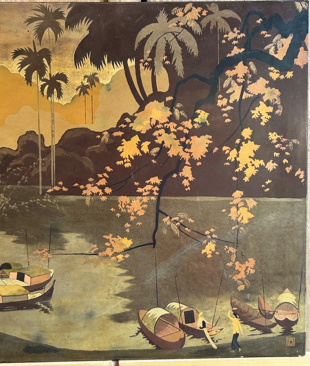 Panneau En Laque Du Vietnam Vers 1950 Signé Lam - Vietnamien -photo-6