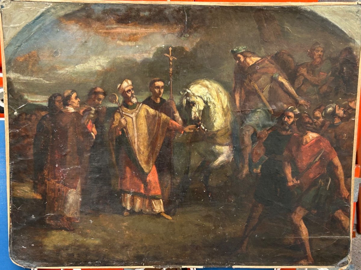 Tableau Peinture Huile Sur Carton époque Fin XIXéme étude -Attilla et le Pape Léon 1er -photo-3
