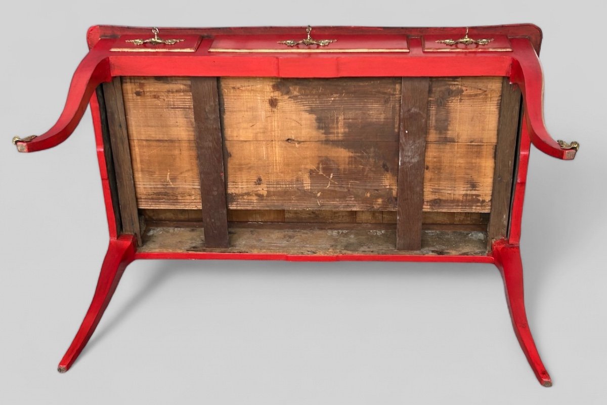 Bureau Plat De Style Louis XV Laqué Rouge Carmin époque XIXéme Siècle -photo-6