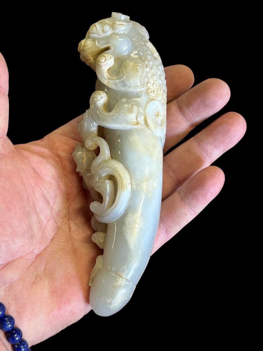 Jade Sculpture Chinese Work - Phallus Decorated With Lion And Dragon - China Early 20th Century -photo-3