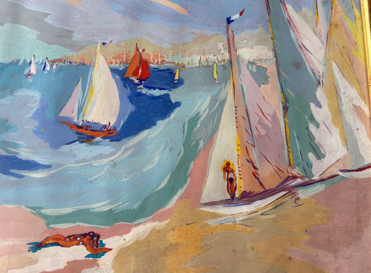 Louis André Cabane (20th Century) Oil On Paper - Beach Scene Circa 1930-photo-1