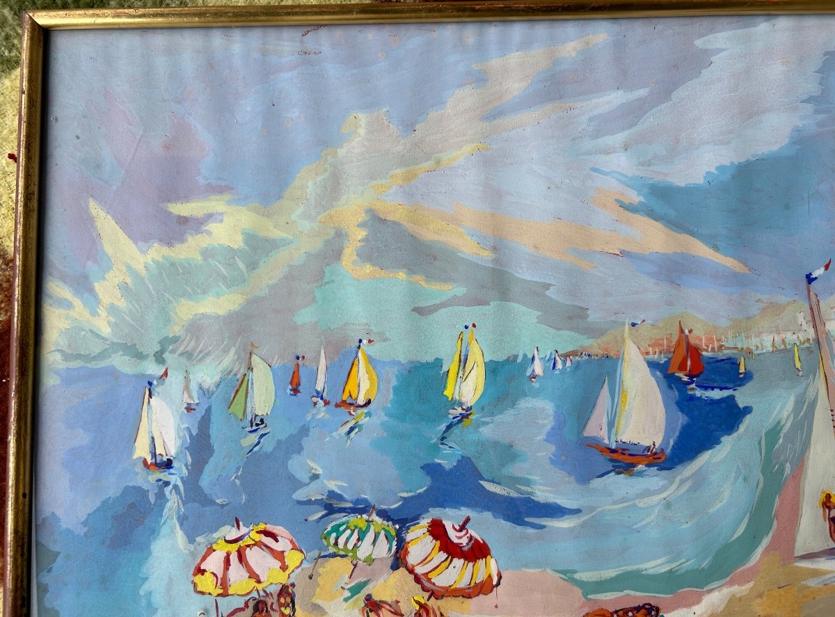 Louis André Cabane (20th Century) Oil On Paper - Beach Scene Circa 1930-photo-2