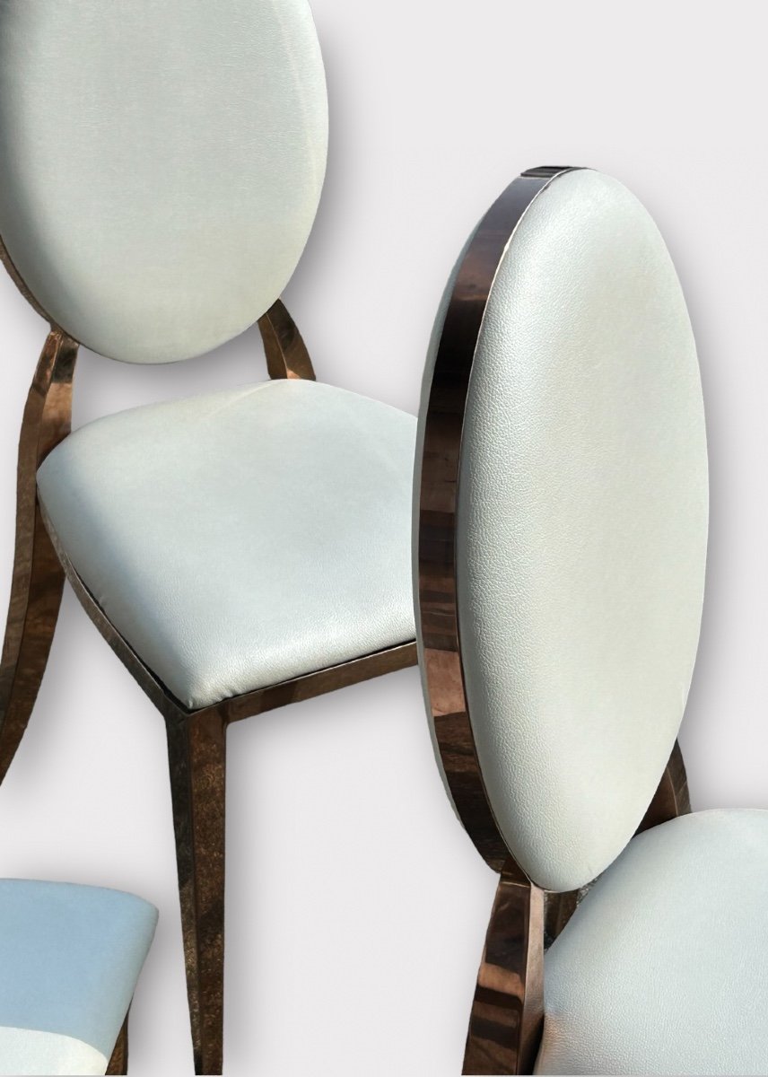 Set Of Six Medallion Back Chairs In Brass And White Leatherette Circa 1980-photo-5