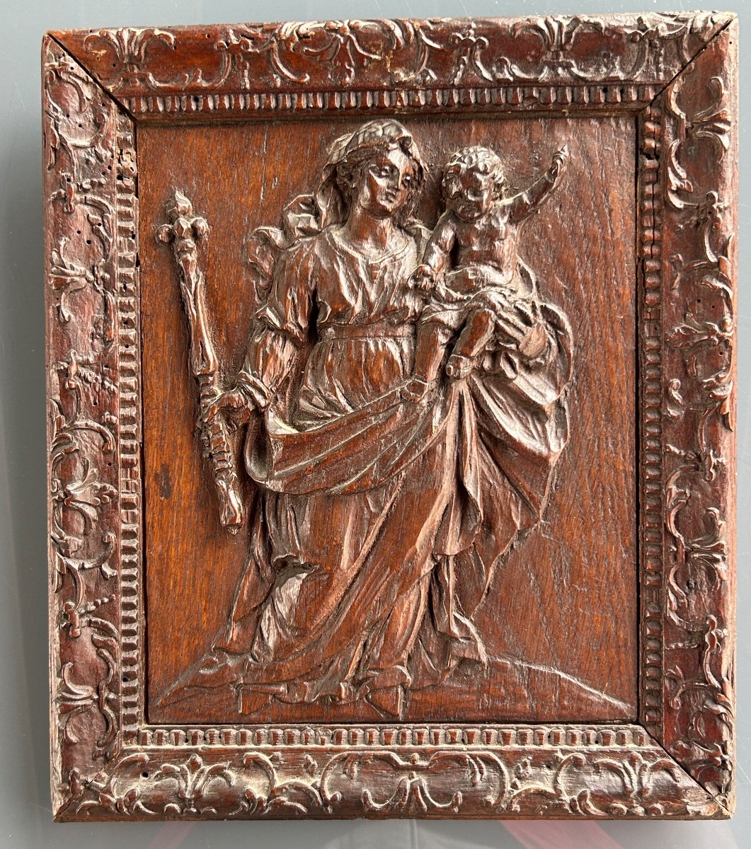 Panneau Chêne Sculpté - Vierge à L’enfant  - Cadre à La Bérain XVIIIème Siècle - -photo-7