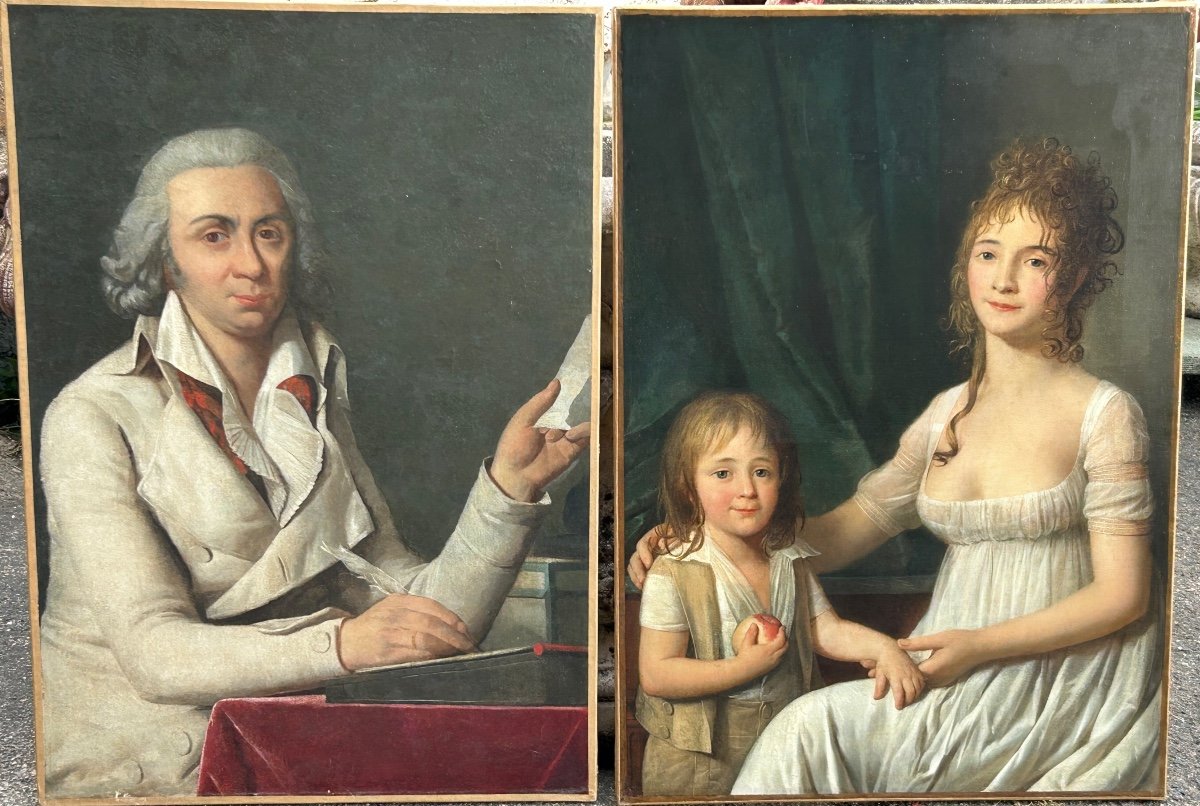 Portrait - Pair Of Portraits Of Couple And Child From The Directoire Or Empire Period H 92 Cm
