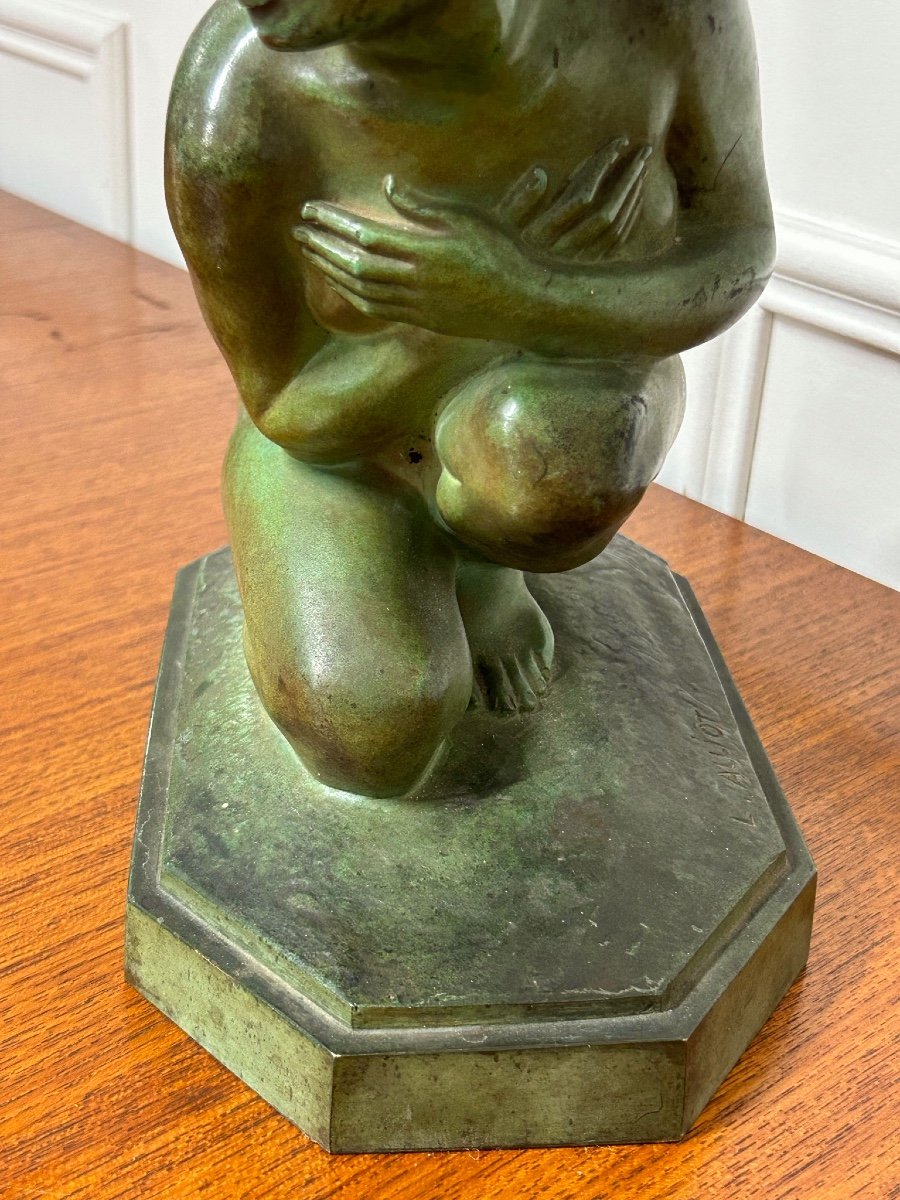 Lucien Charles édouard Alliot (1877-1967) La Frileuse Bronze à Patine Verte époque Art Déco  -photo-4