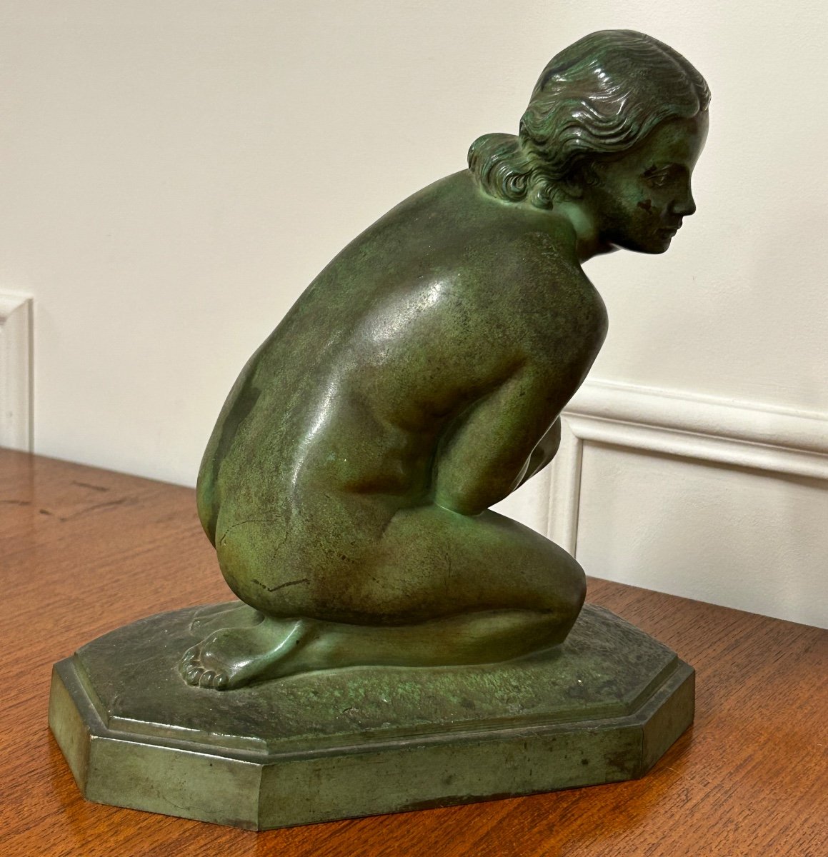 Lucien Charles édouard Alliot (1877-1967) La Frileuse Bronze à Patine Verte époque Art Déco  -photo-3